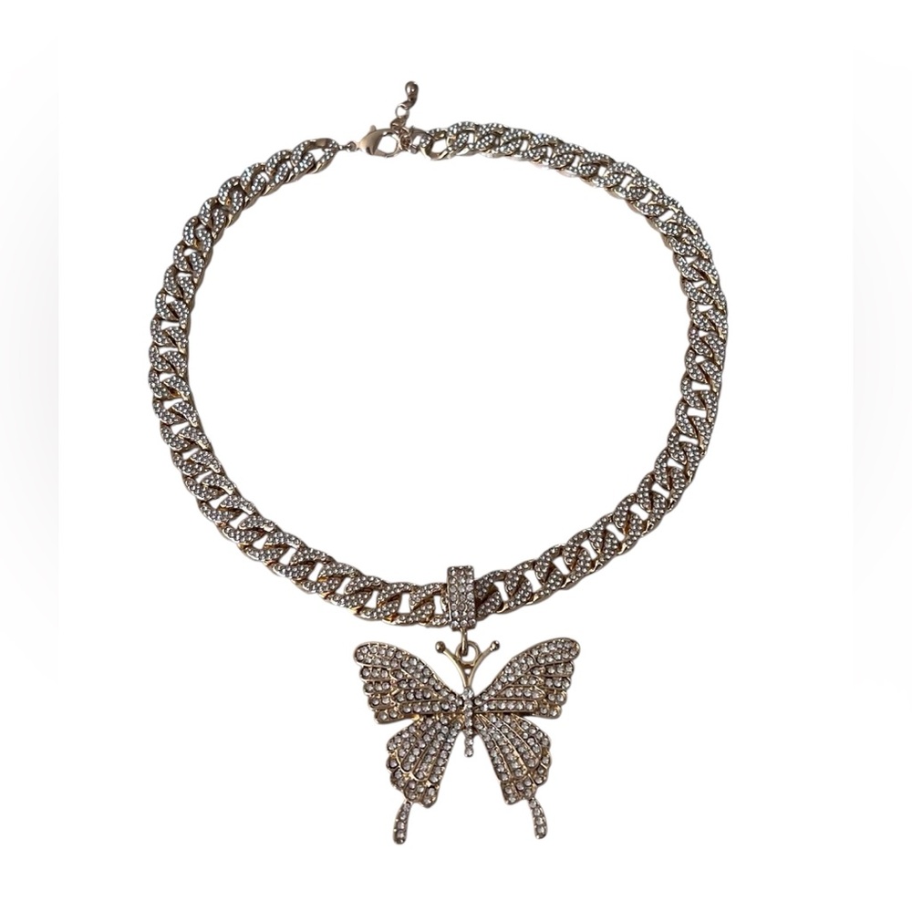 Women’s Butterfly Cuban Link Gold Chain Necklace Rhinestone Fashion Jewelry